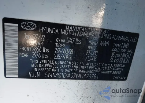 2022 Hyundai Santa Fe Se z USA, uszkodzony, nr VIN 5NMS1DAJ7NH426781
